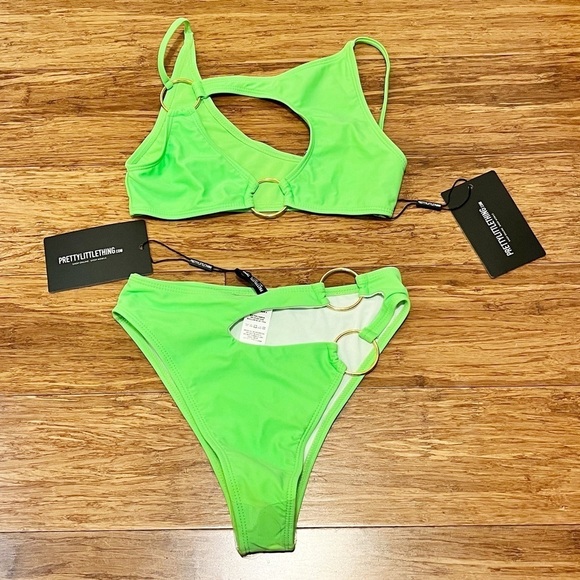 NWT! Pretty Little Thing Lime Green Ring Cut Out Bikini Top & Bottom. Size 0 - Picture 6 of 12
